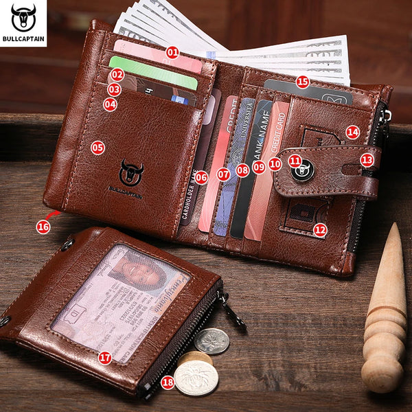 BULLCAPTAIN Men's Genuine Leather Wallet Business Retro Snap Wallet Multifunctional RFID Anti-Theft Zipper Multi-Card Coin Purse