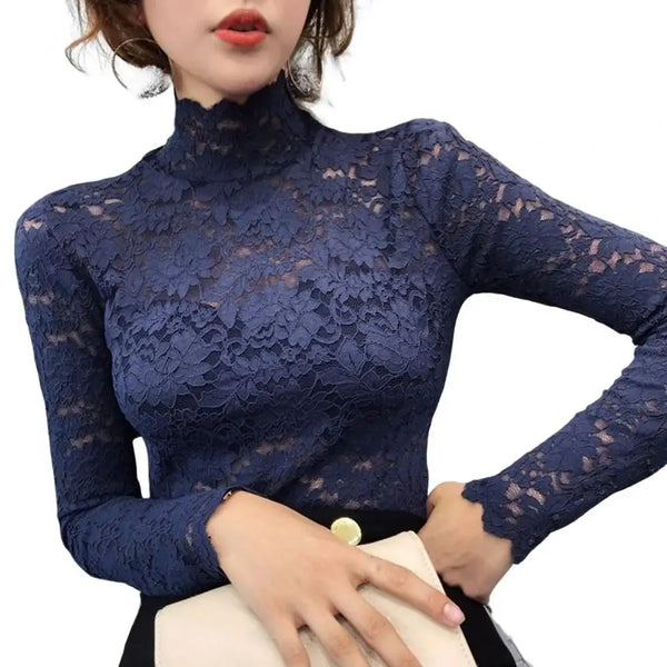 Sexy Women Long Sleeve Lace Blouses High Collar Inner Wear Lace Crochet Shirt Base Tunic Top Perspective Vintage Bottom Blouse