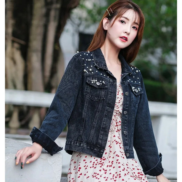 2024 Women's Short Denim Jacket Beaded Pearl Jacket Loose Spring and Autumn New Denim Jacket