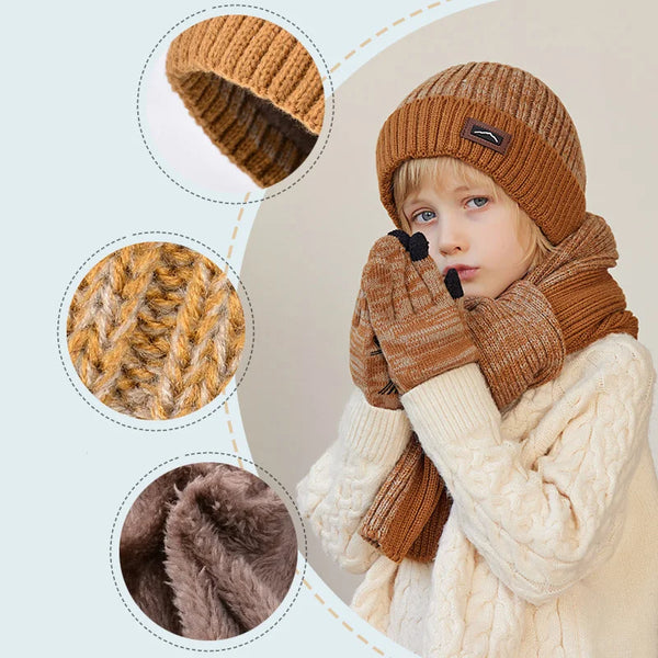 3Pcs/set Winter Kids Hat Scarf Gloves Toddler Bonnet Plush Knitted Infant Hats Outdoor Children Warm Sets Accessories 4-10Y