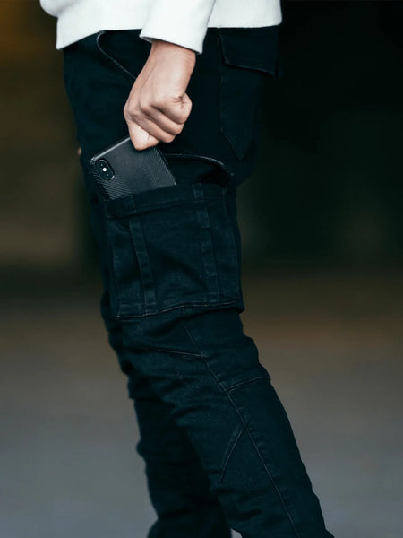 Jeans Men Black Cargo Pants Multi Pockets Denim Pantalones Blue Slim Fit Overol Hombre Fashion Casual Streetwear Trousers 3XL