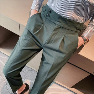 British Style Men High Waist Casual Dress Pant Men Belt Design Slim Trousers Formal Office Social Wedding Party Dress Suit Pants