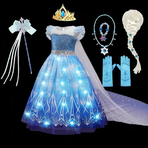 Disney Elsa Role Playing Dress Light Up Kids Halloween Frozen Carnival Apparel Girls Birthday Elsa Princess Glowing Vestidos