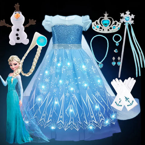 2024 Stunning Frozen Elsa Dress with LED Light Girls Role Play Princess Apparel Toddler Snow Queen Light up Disney Fairy Elsa