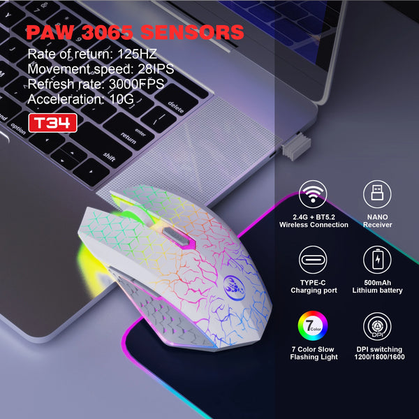 2025 New HXSJ T34 6D dual wireless mouse 1600DPI RGB backlit mute button ergonomics 500mAh rechargeable gaming mouse for laptop