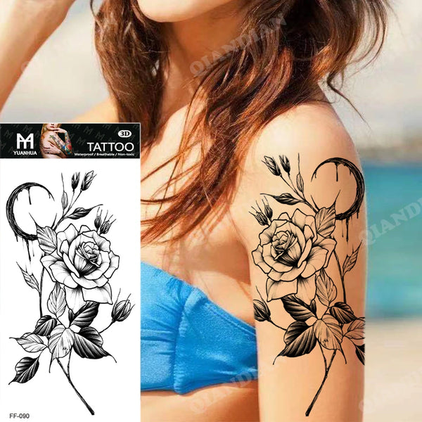 Black Flower Temporary Tattoos Sticker Arm Sleeve Rose Moon Butterfly Snake Henna Body Decorate Realistic Fake 3D Women Totem