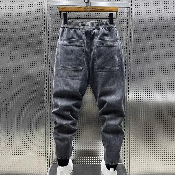 Spring Autumn Men Jeans Elastic Drawstring Waist Pockets Denim Trousers Solid Color Casual Cargo Harem Pants Men's Clothing