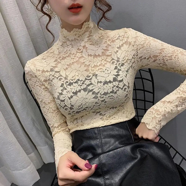 Sexy Women Long Sleeve Lace Blouses High Collar Inner Wear Lace Crochet Shirt Base Tunic Top Perspective Vintage Bottom Blouse