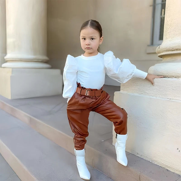 Kids Girls Clothing Set Long Puff Sleeve Ribbed Blouse Tops+PU Leather Pants with Belt 2pcs For Girls' Clothing Size 1 2 3 4 5 6