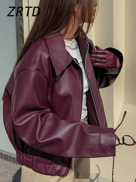 Elegant Burgundy Faux Leather Jackets Women Fashion Lapel Zipper Long Sleeve Female Coats 2024 Autumn Winter Lady Street Outwear