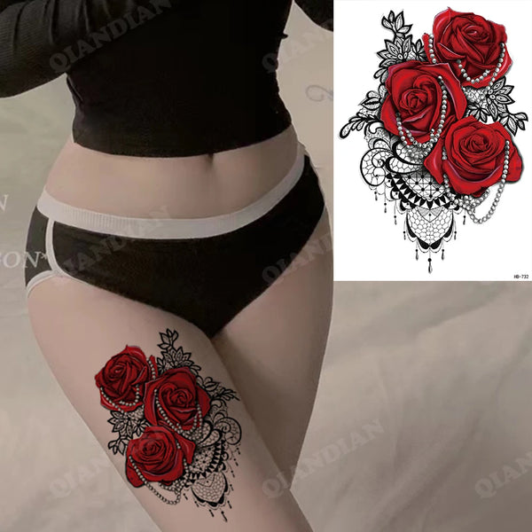 Black Flower Rose Waterproof Temporary Bird Snake Sexy Body Arm Leg Gem Henna Tattoo Fashion Big Fake Sleeve Sticker