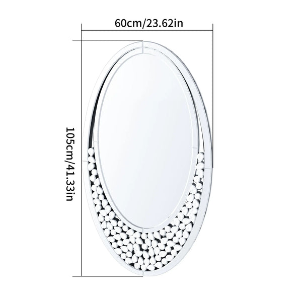 60x105CM Modern Oval Wall Mirror with Bling Effect Silver Venetian Accent Mirror for Hallway Bathroom Decor