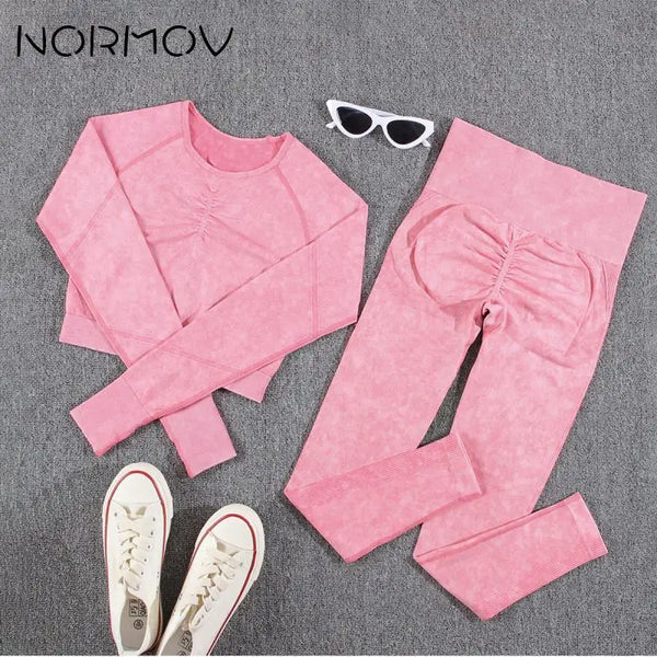 NORMOV 2Pcs Gym Women Sets Seamless Yoga Set High Waist Gym Sportwear Push Up Sport Workout Sets Fitness Long Sleeve Gym Suit