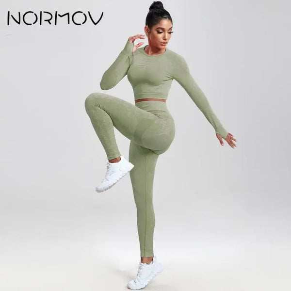 NORMOV Ribbed Seamless Women Sports Set 1-2 Pieces Yoga Set Leggings Sports Bra Fitness Suits Workout Sets For Women Sportswear