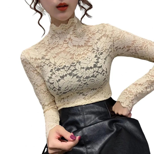 Sexy Women Long Sleeve Lace Blouses High Collar Inner Wear Lace Crochet Shirt Base Tunic Top Perspective Vintage Bottom Blouse