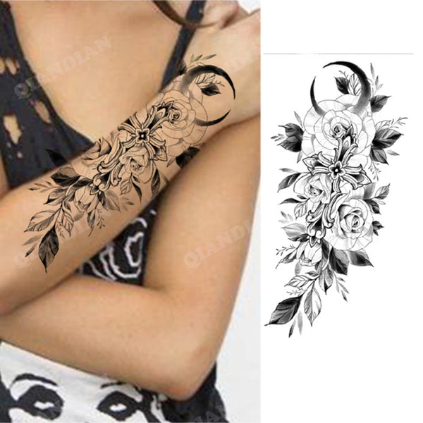 Black Flower Temporary Tattoos Sticker Arm Sleeve Rose Moon Butterfly Snake Henna Body Decorate Realistic Fake 3D Women Totem