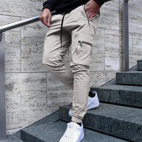 Men's casual overalls spring and autumn new drawstring fashion personality zipper pocket small foot pencil pants long pants