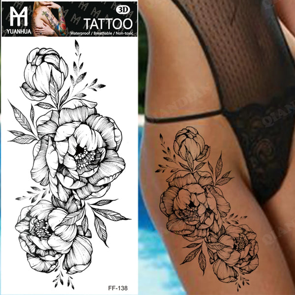 Black Flower Temporary Tattoos Sticker Arm Sleeve Rose Moon Butterfly Snake Henna Body Decorate Realistic Fake 3D Women Totem