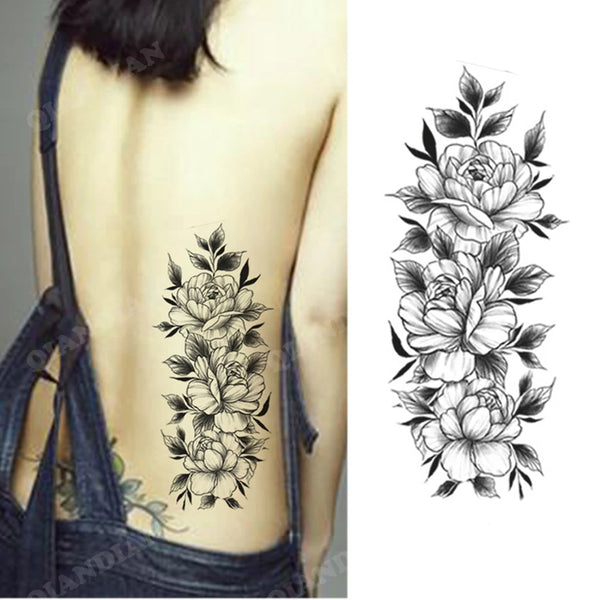 Black Flower Temporary Tattoos Sticker Arm Sleeve Rose Moon Butterfly Snake Henna Body Decorate Realistic Fake 3D Women Totem