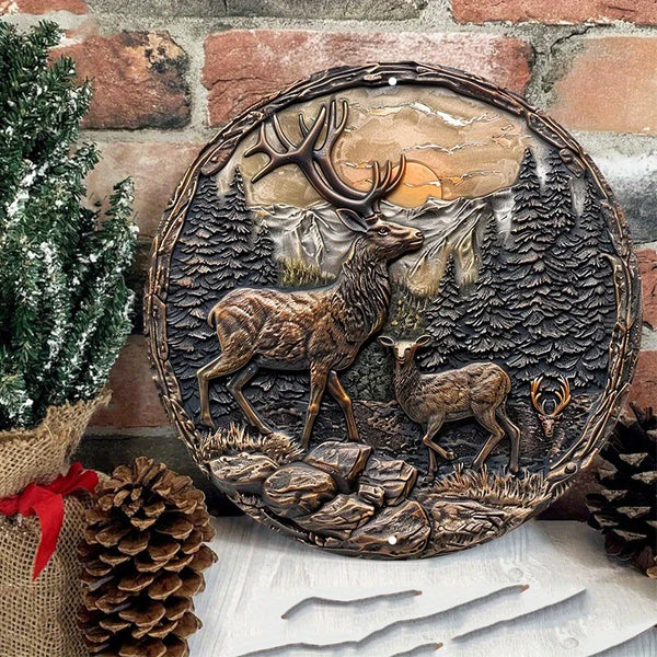 Rustic Bronze Elk Statue, Round Aluminum Wall Sign, UV and Scratch Resistant, Easy-Hang, Outdoor and Indoor Decor, 8in, 11.8in