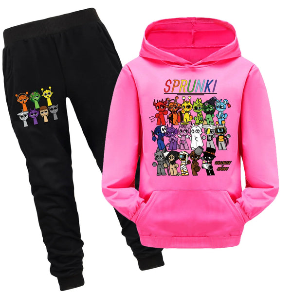 Cute Sprunki Cartoon Clothes Set for Kids Game Incredibox Hoodie Children Fall Hooded Sweatshirts Pants 2pcs Set Boys Outfits