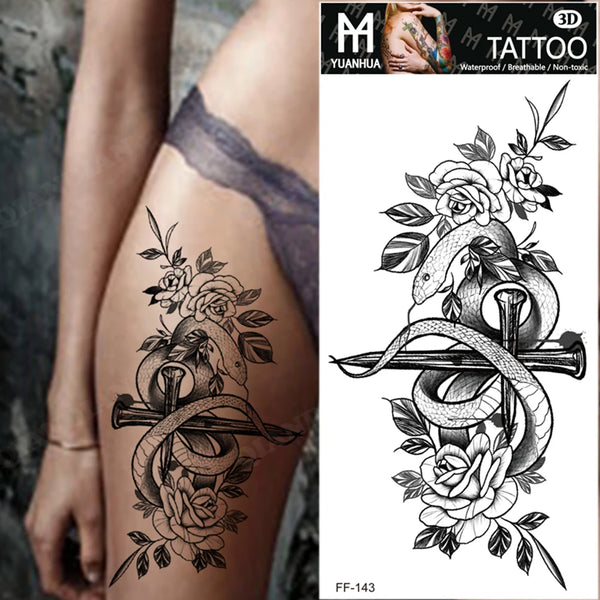 Black Flower Temporary Tattoos Sticker Arm Sleeve Rose Moon Butterfly Snake Henna Body Decorate Realistic Fake 3D Women Totem