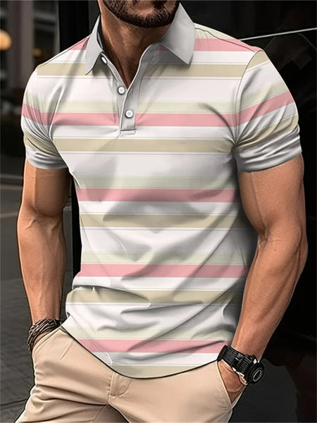 2024 New men's short sleeved 3D digital printing summer lapel contrasting striped polo shirt for men's business and leisure top