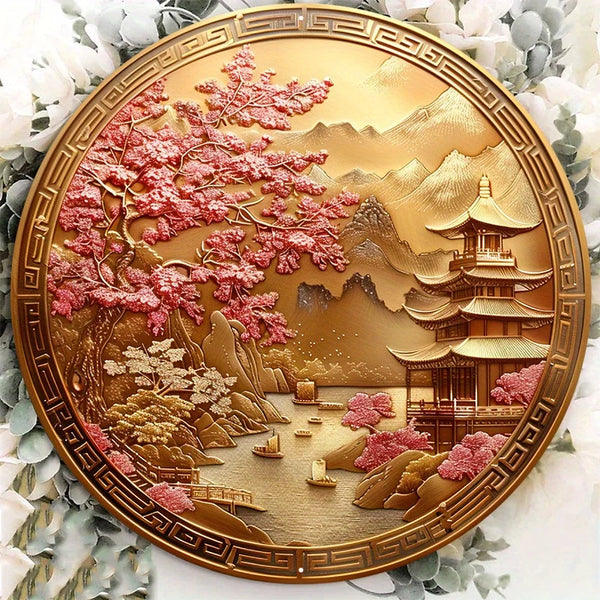 A Golden Medallion That Contains A Traditional Design Of Chinese Cherry Blossom Artwork, Door Hanger Sign Wall ,Metal Decor Sign