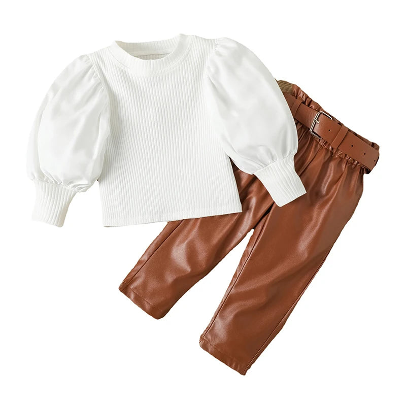 Kids Girls Clothing Set Long Puff Sleeve Ribbed Blouse Tops+PU Leather Pants with Belt 2pcs For Girls' Clothing Size 1 2 3 4 5 6