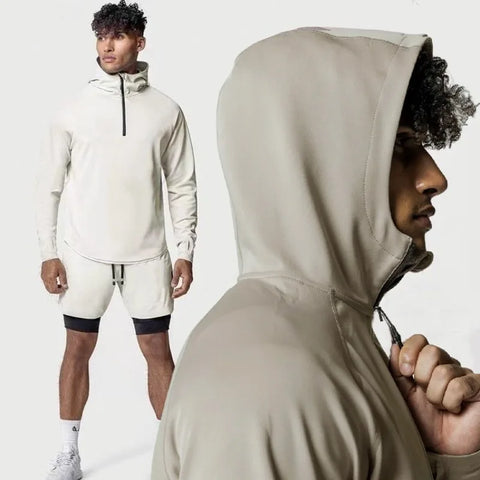 Mens Sports Casual Hooded Coat Man Spring Autumn Fitness Half Zip Loose Hoodies Male Gym Clothing Bodybuilding Pullovers Jacket