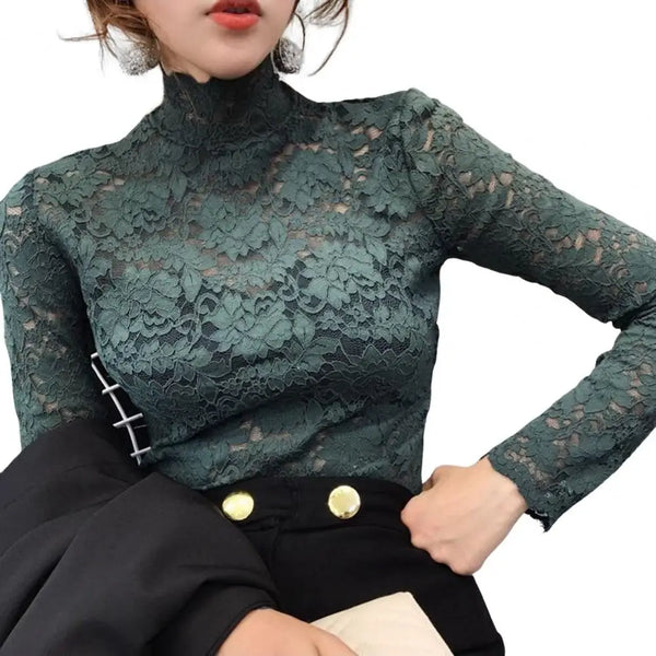 Sexy Women Long Sleeve Lace Blouses High Collar Inner Wear Lace Crochet Shirt Base Tunic Top Perspective Vintage Bottom Blouse