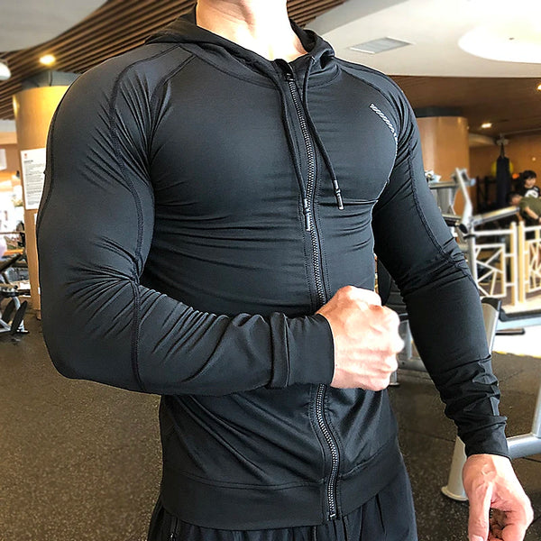 Elastic Tight Hoodies Men‘s Running Fitness Jogging Hooded Quick Drying Compression Sweatshirts Male Bodybuilding Gym Sportwear