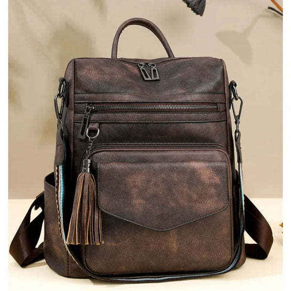 Backpack for Women Large Womens Backpack Leather Travel Fashion Purse Designer Ladies Shoulder Bags with Tassel Two-toned Brown