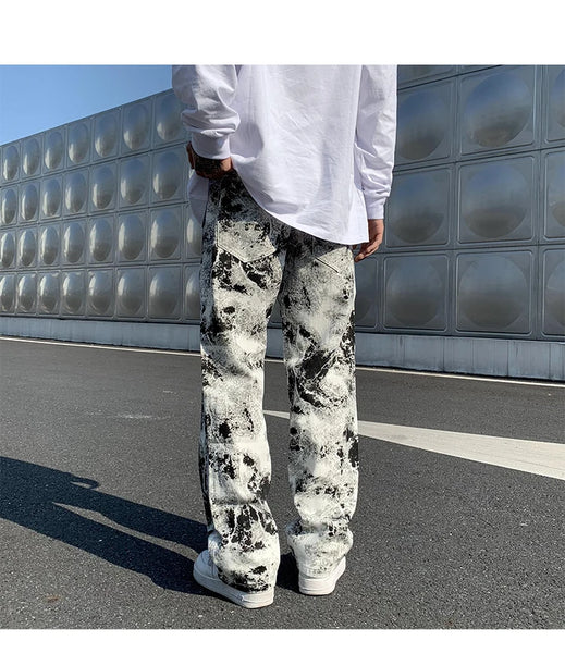 Mens Fashion Printed jeans Spring 2023 Mopping Trousers Jeans Korean Style High Street Loose Hip Hop Wide-leg Jean Pants