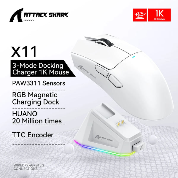 Attack Shark X11  Bluetooth Wireless Mouse Three Mode 2.4G PAW3311  RGB  PC Magnetic charging dock ,Gaming E-sports Mouse