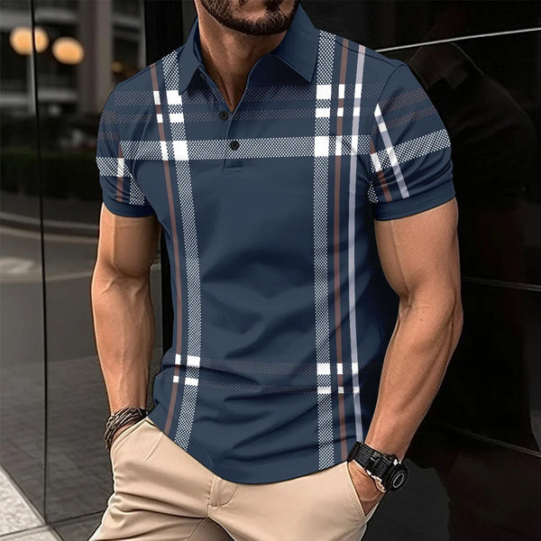 2025 The latest explosive men's lapel quick-drying short-sleeved fashion digital print striped Polo loose shirt