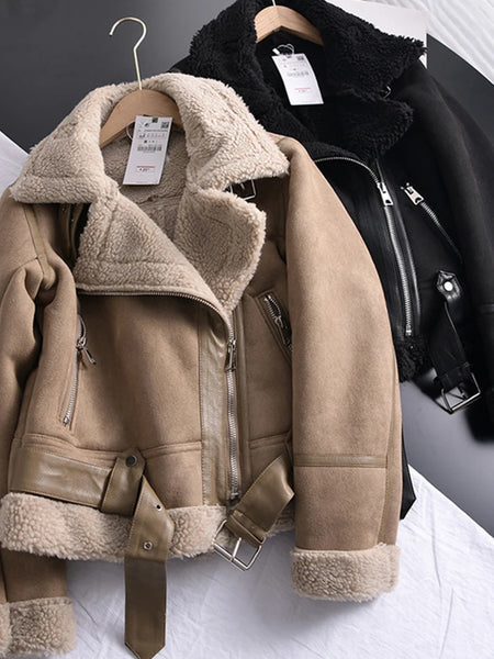 Ailegogo Winter Women Thick Warm Suede Lamb Jacket Short Motorcycle Brown Coats Faux Shearling Sheepskin Leather Jackets Outwear