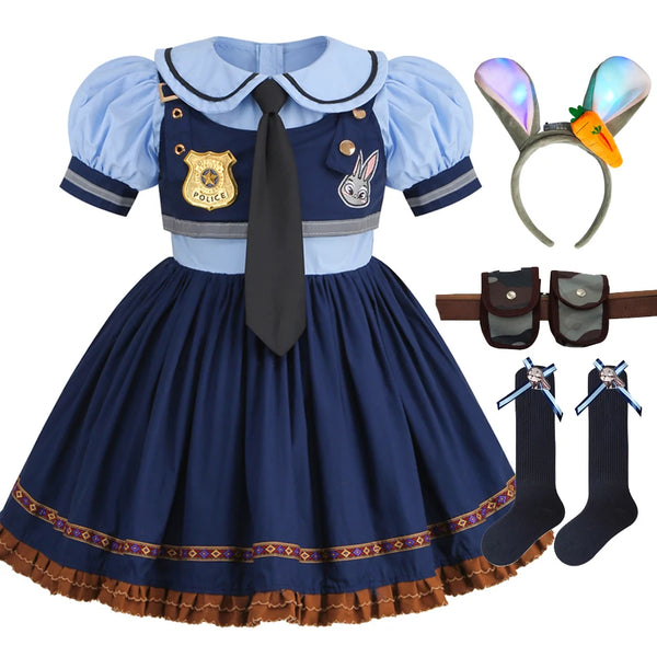 Movie Zootropolis Judy Cosplay Costume Kid Dress Tie Headdress Belt Socks Set Girl Police Role Play Uniform Christmas Party Gift