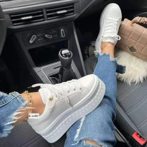 2024 Women Sneakers Solid Color Pu White Shoes Skateboard Height Increased Platform Vulcanized Casual Winter Lady Lace-Up Flats