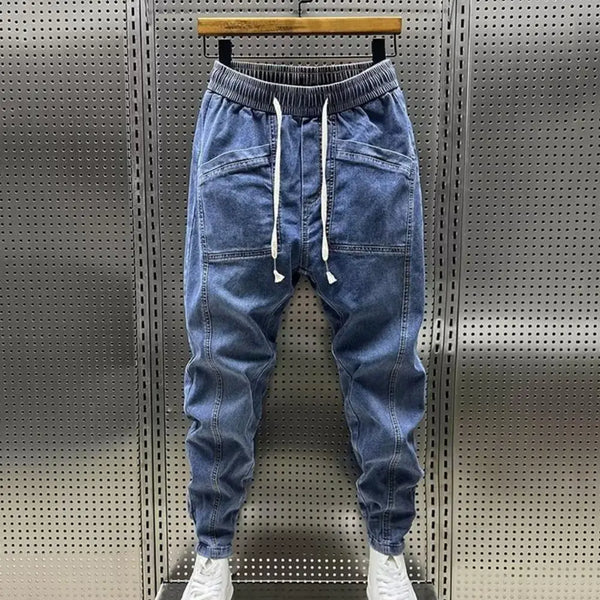 Spring Autumn Men Jeans Elastic Drawstring Waist Pockets Denim Trousers Solid Color Casual Cargo Harem Pants Men's Clothing