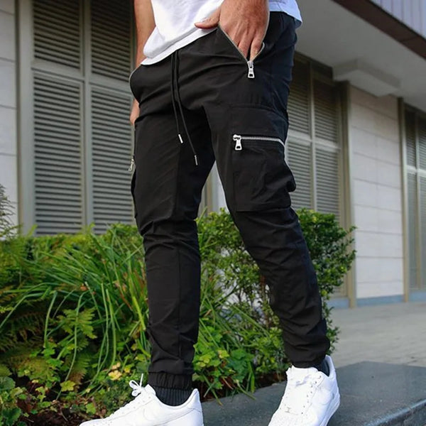 Men's casual overalls spring and autumn new drawstring fashion personality zipper pocket small foot pencil pants long pants