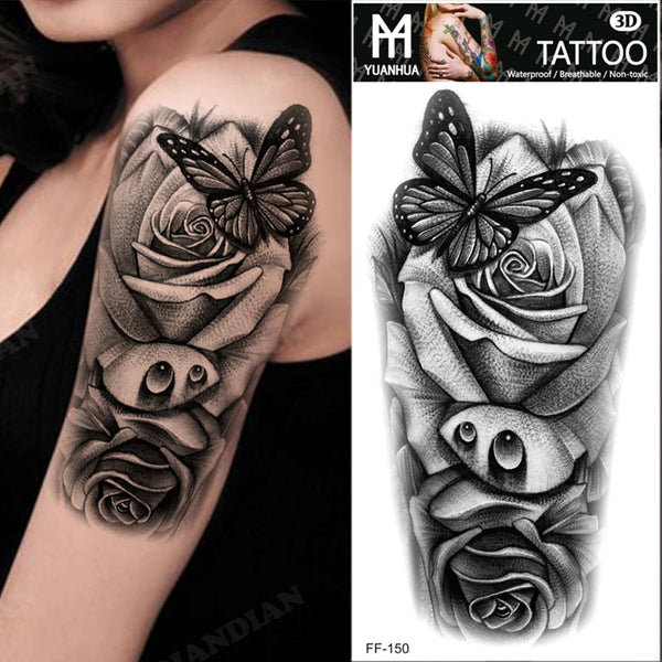 Black Flower Temporary Tattoos Sticker Arm Sleeve Rose Moon Butterfly Snake Henna Body Decorate Realistic Fake 3D Women Totem