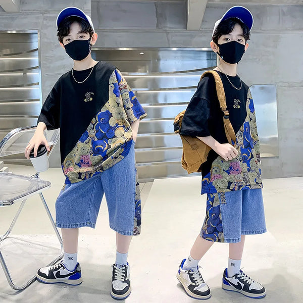 Summer Teenage Boy Clothes Children Cartoon Bear Tshirt and Jeans Shorts Set Kid Short Sleeve Top Buttom 2pcs Outfits Tracksuits