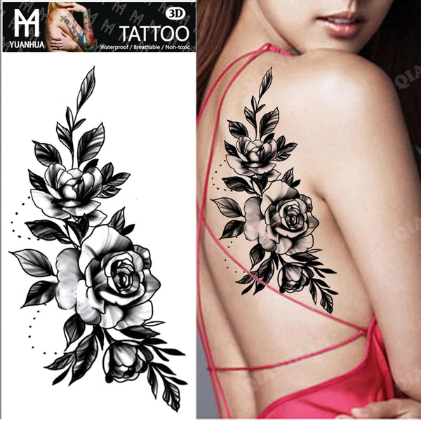 Black Flower Temporary Tattoos Sticker Arm Sleeve Rose Moon Butterfly Snake Henna Body Decorate Realistic Fake 3D Women Totem