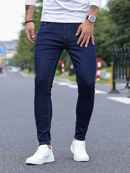 Men Jeans Stretch Skinny Denim Pants Solid Color Black Blue Autumn Summer Luxury Street Harajuku Hip-Hop Style Slim Fit Trousers