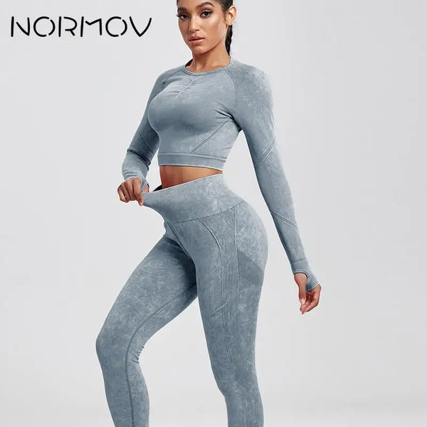 NORMOV Ribbed Seamless Women Sports Set 1-2 Pieces Yoga Set Leggings Sports Bra Fitness Suits Workout Sets For Women Sportswear