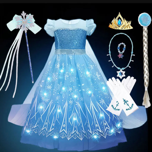 2024 Stunning Frozen Elsa Dress with LED Light Girls Role Play Princess Apparel Toddler Snow Queen Light up Disney Fairy Elsa