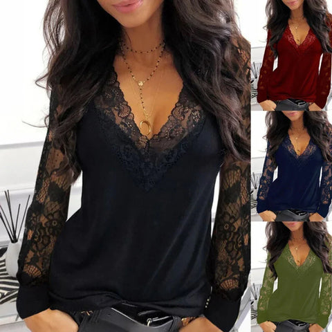 Ladies Sexy Fashion Lace Stitching Hollow Shirt 2022 Spring/Summer White Black V-Neck T-Shirt