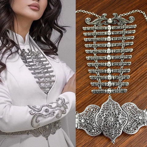 Sunspicems Retro Silver Color Caucasia Women Belt Breastplate Traditional Wedding Jewelry Sets Full Crystal Court Performance