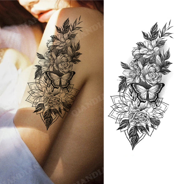 Black Flower Temporary Tattoos Sticker Arm Sleeve Rose Moon Butterfly Snake Henna Body Decorate Realistic Fake 3D Women Totem